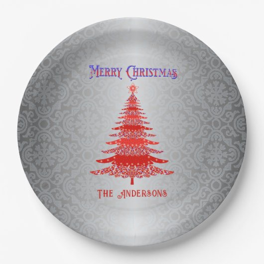 Moderne Weihnachtsbaume Rote Silberschmuck Pappteller (Vorderseite)