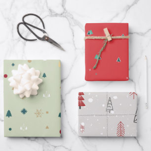 Moderne Weihnachtsbäume Rotes Olive Grünes Muster Geschenkpapier Set