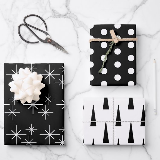 Moderne Weihnachtsbäume Schneeflocken Schwarz-weiß Geschenkpapier Set (Vorderseite)