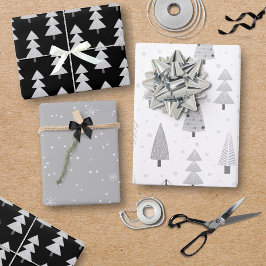 Moderne Weihnachtsbäume Schwarz Silver Gray Muster Geschenkpapier Set