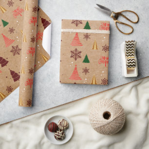 Moderne Weihnachtsbaume und Schneeflocken Geschenkpapier