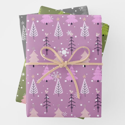 Moderne Weihnachtsbäume und Schneeflocken Weihnach Geschenkpapier Set (Beispiel)