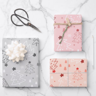 Moderne Weihnachtsbäume und Schneeflocken Weihnach Geschenkpapier Set