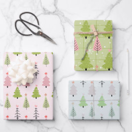 Moderne Weihnachtsbäume und Schneeflocken Weihnach Geschenkpapier Set