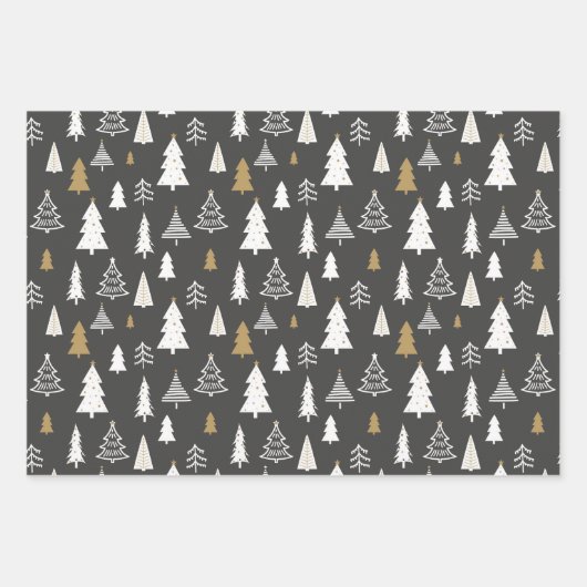Moderne Weihnachtsbaumen Gold und Grau Muster Geschenkpapier Set (Vorderseite)
