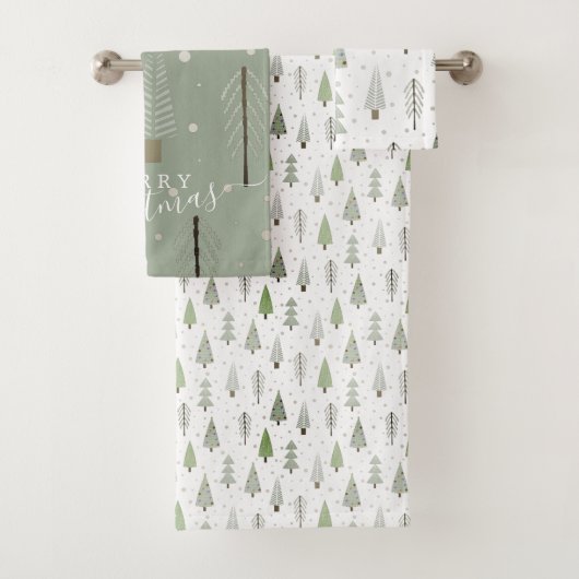 Moderne Weihnachtsbaumen Sage Olive Green Pattern Badhandtuch Set (Insitu)