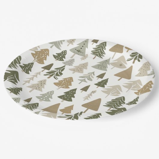 Moderne Weihnachtsbaumen Sage Olive Green Pattern Pappteller (Schrägansicht)