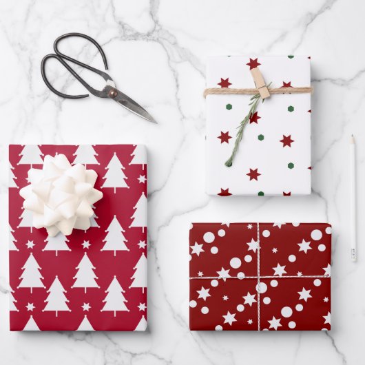 Moderne Weihnachtsbaumen Stars Festivals Muster Geschenkpapier Set (Vorderseite)