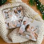 Moderne Weihnachtsbaumfamilie Monogram Four Foto Keramikornament<br><div class="desc">Feiern Sie die magische und festliche Urlaubssaison mit unseren maßgeschneiderten Foto-Ornamenten. Unser modernes, elegantes Urlaubsdesign besticht durch ein modernes und minimalistisches 4-Foto-Kollage-Layout mit einem modernen, weißen Weihnachtsbaum-Designplatz im Zentrum des 4-Foto-Foto-Layouts. Maßgeschneidert mit Namen, Monogramm und Jahr Die Rückseite des Fotos verziert ein Single großes Foto. Sie können Textgröße, Textfarbe, Schriftart...</div>