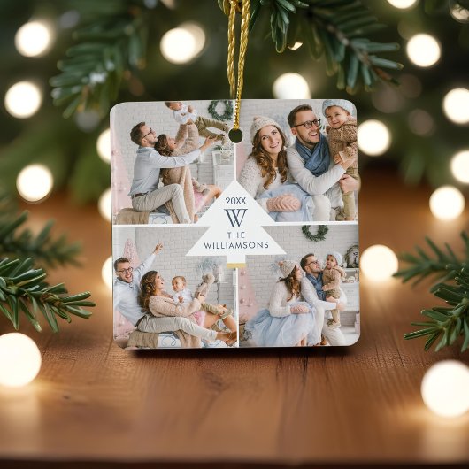 Moderne Weihnachtsbaumfamilie Monogram Four Foto Keramikornament