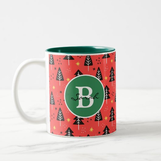Moderne Weihnachtsbaummuster Rotes Orangefarbenes  Zweifarbige Tasse (Links)
