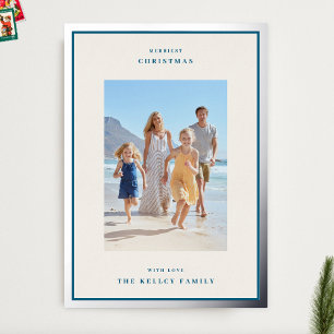 Moderne Weihnachtsbeige & Blauer Foto Rahmen Silbe Folien Feiertagskarte