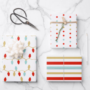 Moderne Weihnachtsbeleuchtung Polka Punkte und Str Geschenkpapier Set