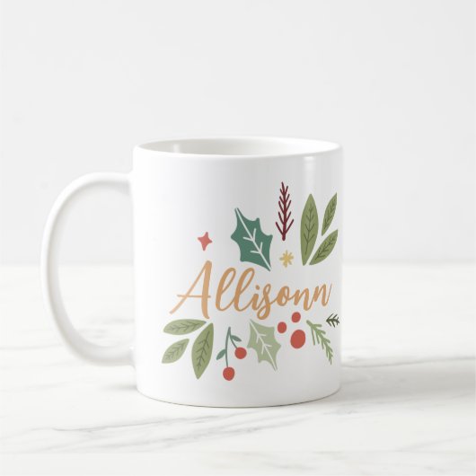 Moderne Weihnachtsberries blättern Ihren Namen Kaffeetasse (Links)
