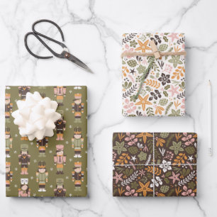 Moderne Weihnachtsblumen und Nussknacker Geschenkpapier Set