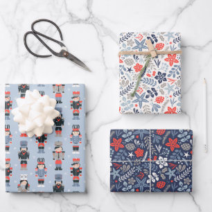 Moderne Weihnachtsblumen und Nussknacker Geschenkpapier Set