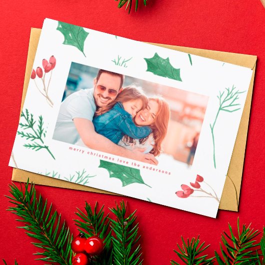 Moderne Weihnachtsbotanikale im Schnee-Foto Feiertagskarte