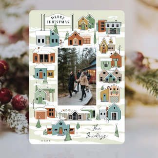 Moderne Weihnachtsdorf-Familienfoto-Weihnachten Feiertagskarte