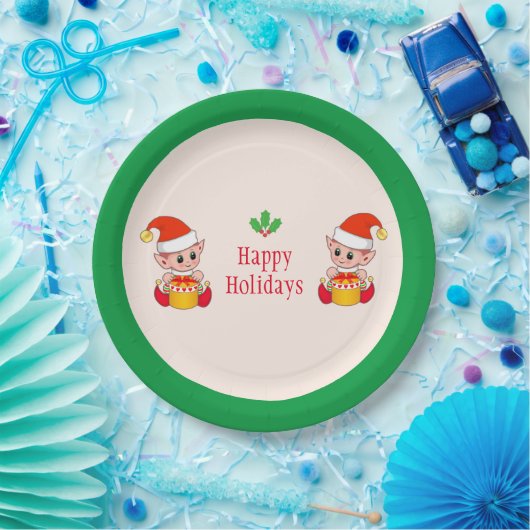 Moderne Weihnachtselfen auf Grün und Elfenbein Pappteller (Party)