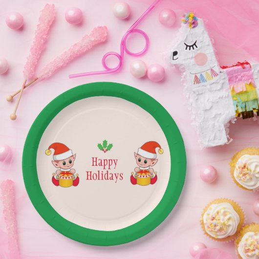 Moderne Weihnachtselfen auf Grün und Elfenbein Pappteller (Party)
