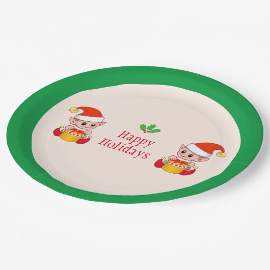 Moderne Weihnachtselfen auf Grün und Elfenbein Pappteller (Schrägansicht)