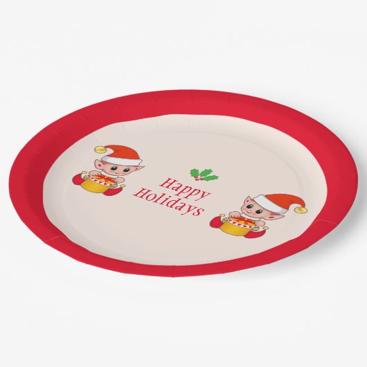 Moderne Weihnachtselfen auf Rot und Elfenbein Pappteller (Schrägansicht)