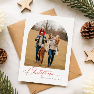 Moderne Weihnachtsfamilie mit zwei Fotos im Bogenl Feiertagskarte