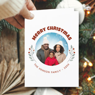 Moderne Weihnachtsfamilienfoto mit Laub Feiertagskarte