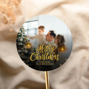 Moderne Weihnachtsfamilienfoto Runder Aufkleber