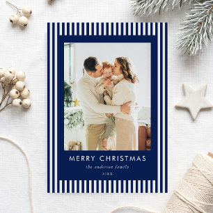 Moderne Weihnachtsfamilienfotos mit navyblauen Str Feiertagskarte