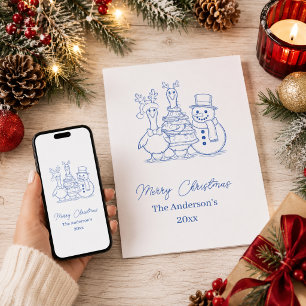Moderne Weihnachtsgans-Familie-Doodle blau Feiertagskarte