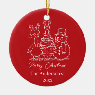 Moderne Weihnachtsgans-Familie-Doodle rot Keramik Ornament
