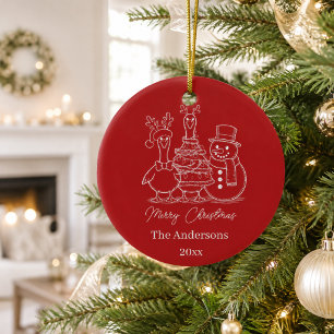 Moderne Weihnachtsgans-Familie-Doodle rot Keramik Ornament