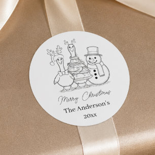 Moderne Weihnachtsgans-Familie-Doodle schwarz weiß Runder Aufkleber