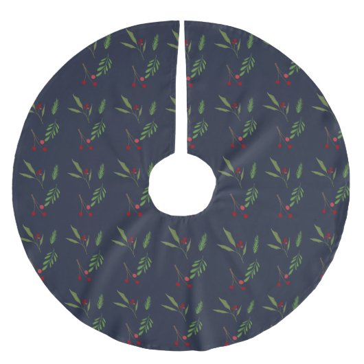 Moderne Weihnachtsgrün Botanische Beere Polyester Weihnachtsbaumdecke (Vorderseite)