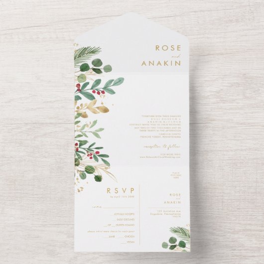 Moderne Weihnachtsgrün | Weißes Siegel und Senden All In One Einladung (Innen Boden)