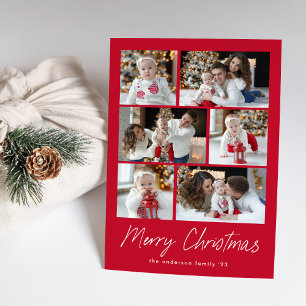 Moderne Weihnachtsgruß-Schrift Rot 6 Foto-Collage Feiertagskarte