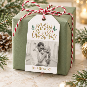 Moderne Weihnachtsgrüße in Antiquaschrift mit Foto Geschenkanhänger