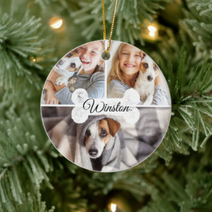 Moderne Weihnachtsjunge Hund Bein Drei-Foto-Collag Keramik Ornament