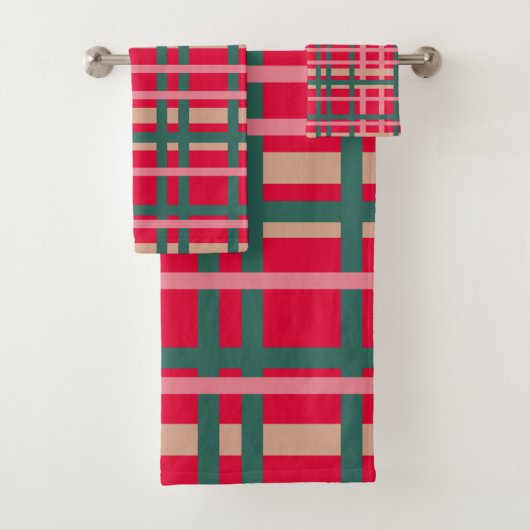 Moderne Weihnachtskariert Helles Rot Grün Linien Badhandtuch Set (Insitu)