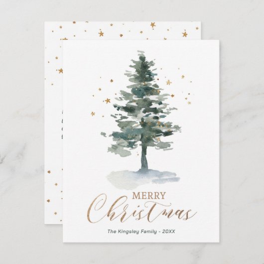 Moderne Weihnachtskarte Gold Aquarellbaum Dankeskarte (Vorne/Hinten)