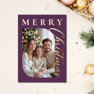Moderne Weihnachtskarte mit Foto in Purpur und Gol Folien Feiertagskarte