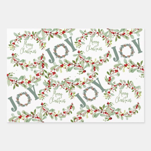 Moderne Weihnachtskränze und Freude Geschenkpapier Set (Vorderseite)