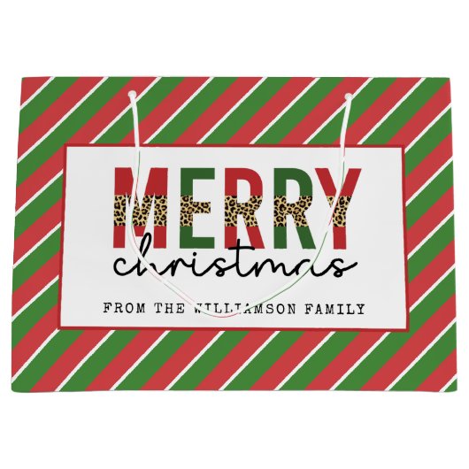 Moderne Weihnachtsleopard drucken Rote Grüne Strei Große Geschenktüte (Vorderseite)