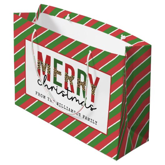Moderne Weihnachtsleopard drucken Rote Grüne Strei Große Geschenktüte (Rückseite Schrägansicht)