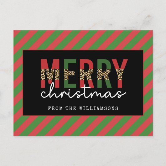 Moderne Weihnachtsleopard drucken Rote Grüne Strei Postkarte (Vorderseite)