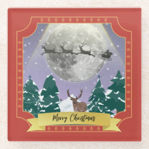 Moderne Weihnachtsnachtsnacht mit Santa Reindeer Glasuntersetzer