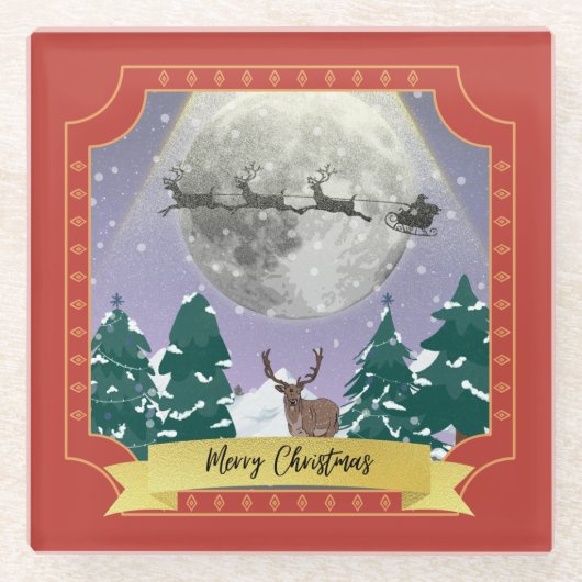 Moderne Weihnachtsnachtsnacht mit Santa Reindeer Glasuntersetzer (Vorderseite)