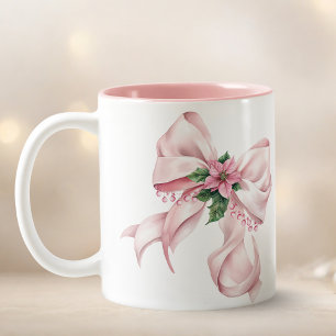 Moderne Weihnachtsname Poinsettie mit rosa Schleif Zweifarbige Tasse