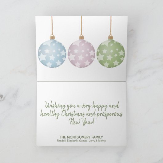 Moderne Weihnachtsschmuck über Weiß Karte (Innenseite)